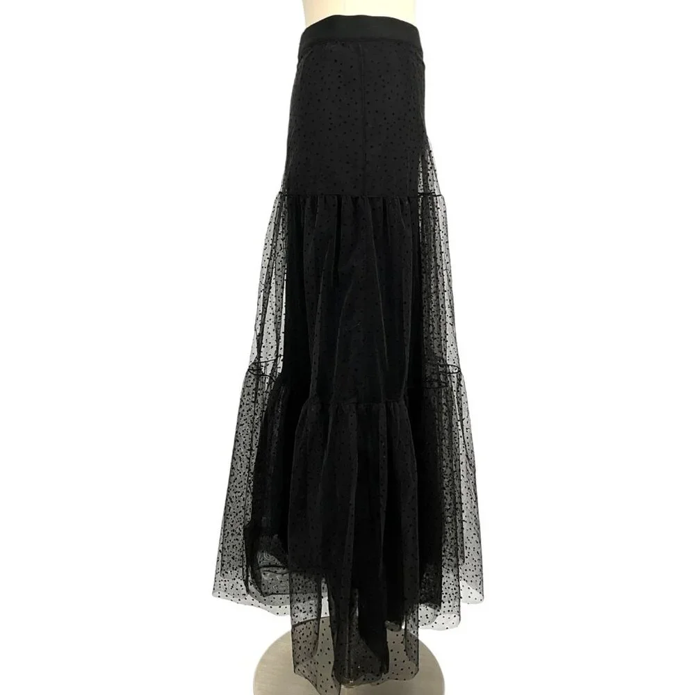 Akris Punto Tulle Maxi Skirt Black Size 2 Lined Polka Dot Sheer - Picture 5 of 11